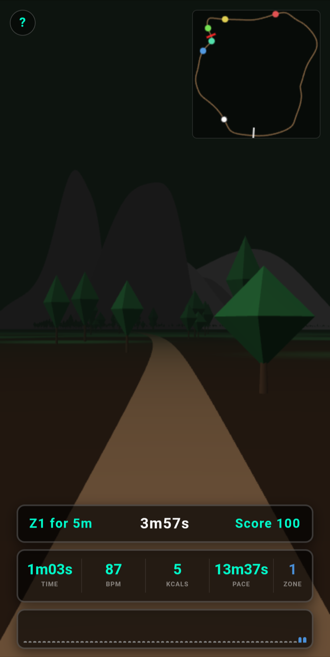 CardioQuest workout in progress with live HUD and minimap