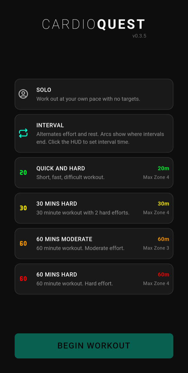 CardioQuest start menu with Solo, Interval, and zone program modes